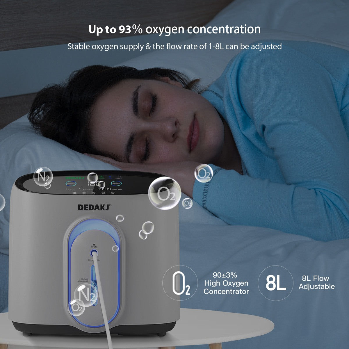 Concentrador de oxígeno deDakj 1-8L/min ajustable 24 horas flujo continuo 93% Generador de concentrador de oxígeno Bajo ruido ≤45db DE-Q1W