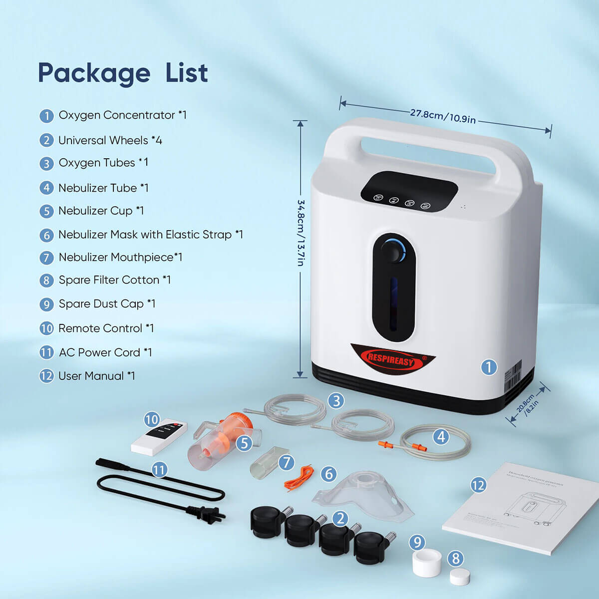 Equipo de oxígeno para salud RESPIREASY, máquina de oxígeno 2-9L / min, concentración de oxígeno 93% ± 3%, con control remoto, adecuado para el cuidado personal y viajes.