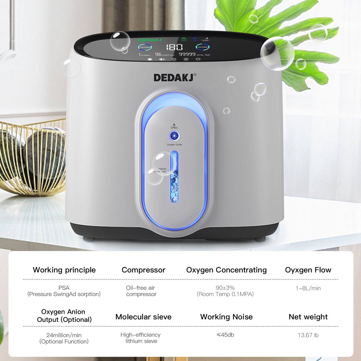 Home Personal Use O2 Generator Portable Oxygen Generator DEDAKJ 8L 93% Oxygen Concentration Adjustable Oxygen Generator Machine