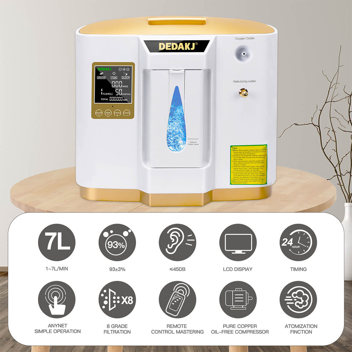 93% High Concentration 7L Home Medical Oxygen Concentrator With Nebulizer Function DEDAKJ DE-1LW Portable Mini Adjustable Oxygen Generator Continuous Flow O2 Machine