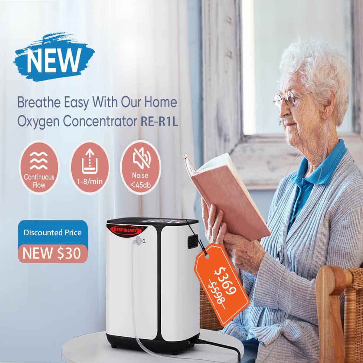 RespirEasy New Flagship Oxygen Concentrator 1-8 Liter Adjustable Oxygen Generator Low Noise Portable Home O2 Machine Smart Oxygen Machine With Complete Accessories 95% Home and Travel Oxygen Concentrator