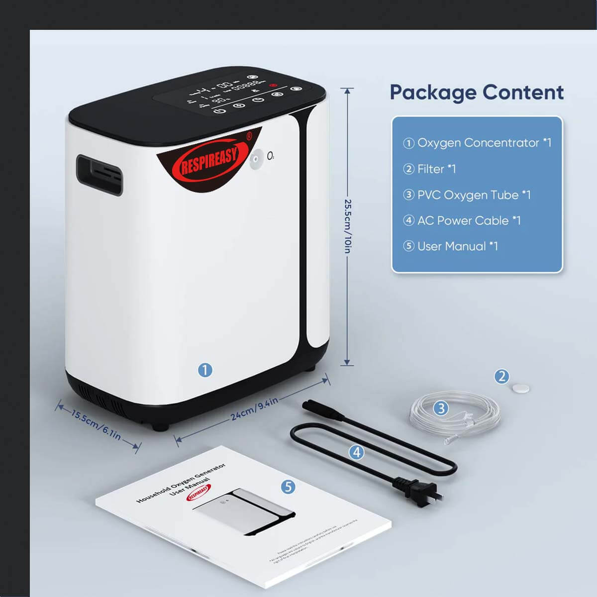 RespirEasy New Flagship Oxygen Concentrator 1-8 Liter Adjustable Oxygen Generator Low Noise Portable Home O2 Machine Smart Oxygen Machine With Complete Accessories 95% Home and Travel Oxygen Concentrator