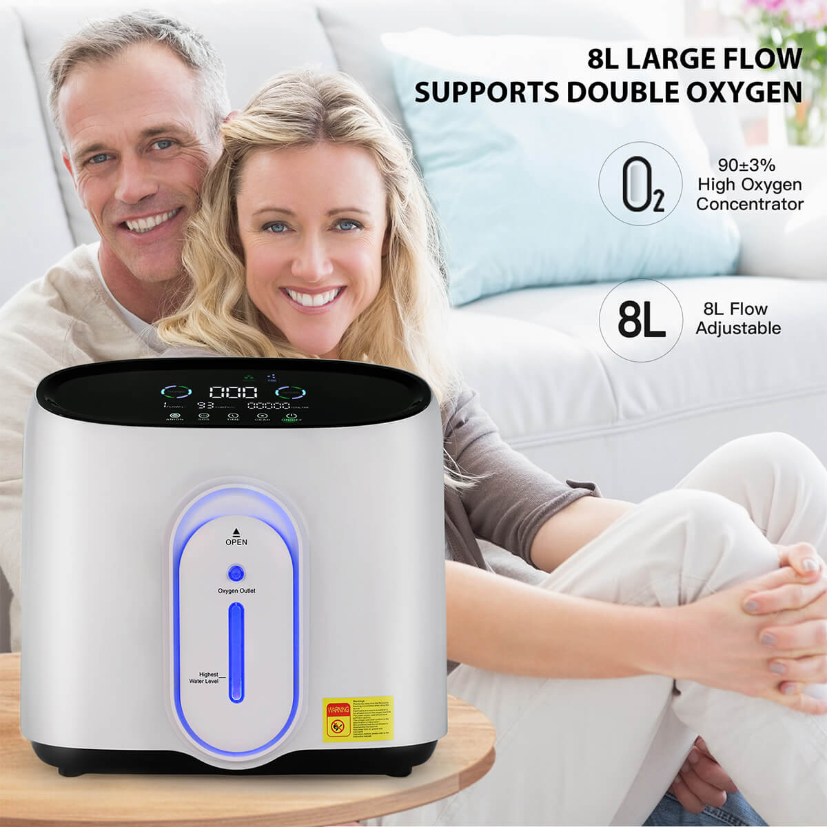 Concentrador de oxígeno deDakj 1-8L/min ajustable 24 horas flujo continuo 93% Generador de concentrador de oxígeno Bajo ruido ≤45db DE-Q1W