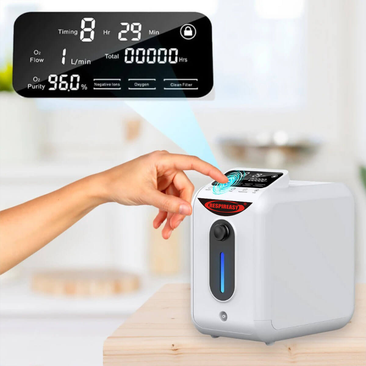 Concentrador de oxígeno RESPIREASY, generador de oxígeno RE-E1L ajustable de 1 a 8 L/min, oxigenador de alta pureza del 93 ± 3 % para uso doméstico y de viaje, generador de oxígeno O2 de gran capacidad para el cuidado personal. 