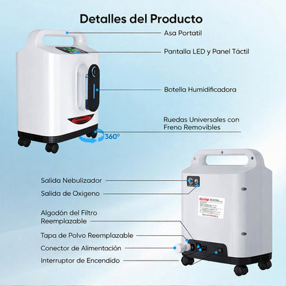 Concentrador de oxígeno para uso doméstico, silencioso, suministro continuo de oxígeno, ajustable de 1 a 9 l.
