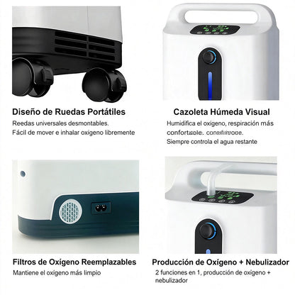 Concentrador de oxígeno para uso doméstico, silencioso, suministro continuo de oxígeno, ajustable de 1 a 9 l.