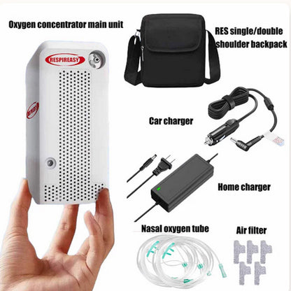 Concentrador de oxígeno portátil RESPIREASY de 6 l/min con 93 % de pureza y batería recargable para viajes.